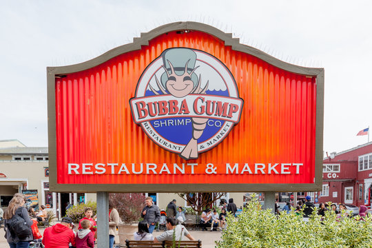 San Francisco, California, USA - March 31, 2018: Sign of Bubba Gump at Cannery Row in San Francisco. Bubba Gump Restaurant and Market is an American seafood restaurant 