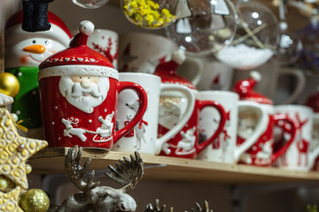 Christmas mugs in souvenir shop