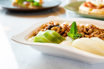 beautiful composition of healthy dishes with fruits and vegetables