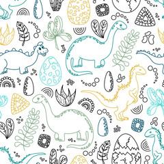 Childish seamless pattern with dinosaurs.