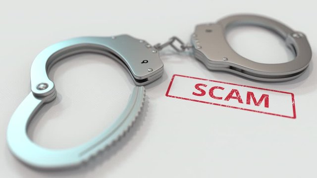 SCAM stamp and handcuffs. Crime and punishment related conceptual 3D animation