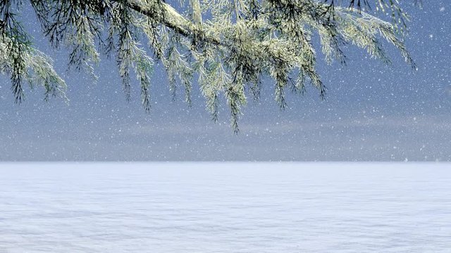 Forest in Winter Snowing Animation, 3D Rendering