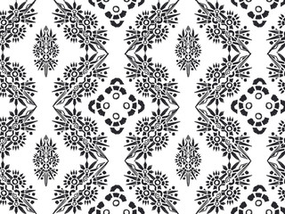 Ikat pattern etnic indian ornamental black and white illustration. Navajo motif texture ornate  design for surface print. Black and white background.