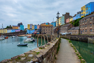 Colorful harbor houses in Tenby, Wales, UK