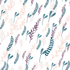 Trendy outline native foliage and leaves seamless pattern. Small and medium elements paradise flora leaves. Vector illustration. on white background