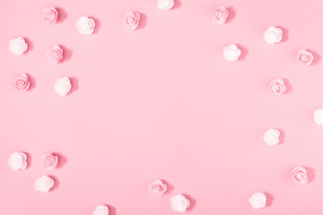 Flowers composition creative. Pink flowers on pastel pink background. Valentines Day, Easter, Birthday, Happy Women's Day, Mother's day. Flat lay, top view, copy space