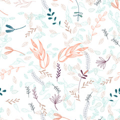 Trendy outline native foliage and leaves seamless pattern. Small and medium elements paradise flora leaves.Vector illustration.