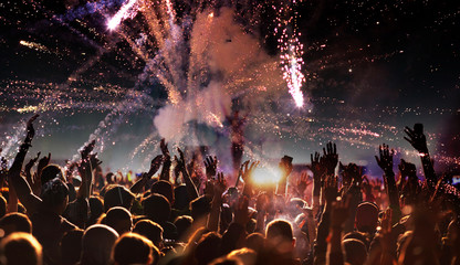 crowd with raised hands at concert festival banner - obrazy, fototapety, plakaty