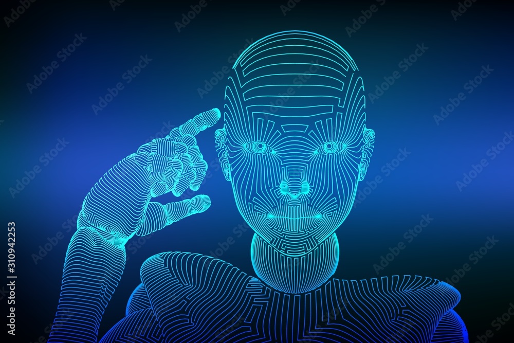 Aufkleber abstract wireframe female cyborg or robot holds a finger near the head and thinks or computes using 