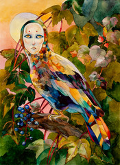 Fototapeta premium Mythical bird with female face on sunset forest watercolor illustration