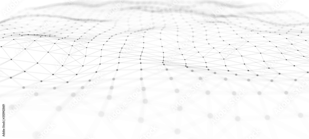 Poster Futuristic abstract mesh. Wave with the connection of dots and lines. 3D rendering.