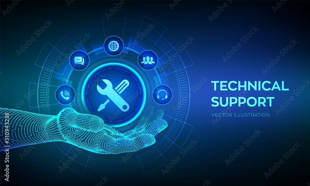 Poster technical support in robotic hand. customer help. tech support. customer service, business and techn