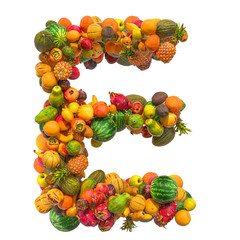 Letter E, fruit font. 3D rendering