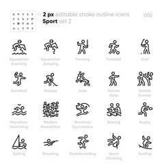 Sport and Fitness outline vector icons. Equestrian Eventing, Fencing, Golf, Hockey, Karate, Rugby, Surfing, Skateboarding.