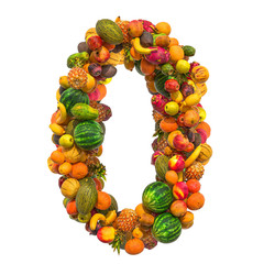 Number 0 from fruits, 3D rendering