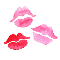 Lips set painted in watercolor on white isolated background. Fashion illustration. Sexy lips print for t-shirt, flyer, advertising lipstick