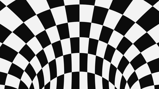 Black and white psychedelic optical illusion. Abstract hypnotic animated background. Checkered geometric looping wallpaper