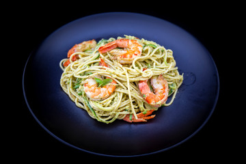 King prawns and pesto sauce with spaghetti