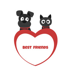 Cat and dog together and big red heart. Best friends. Vector illustration with copy space isolated on white background