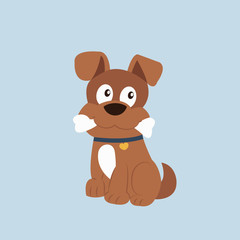 Dog with a bone in its mouth. Cute cartoon character. Vector illustration