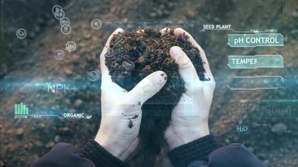 POV view of farmer owner control soil quality before seed plant. Future agriculture concept. Close-up hands with the ground. Smart farming, using modern technologies in agriculture - Powered by Adobe