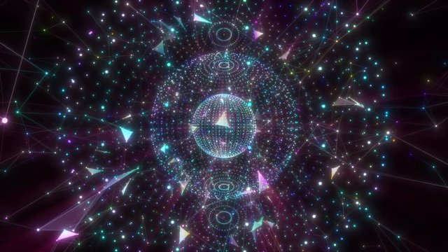 Three rotating spheres in space shine and twist elements around themselves.