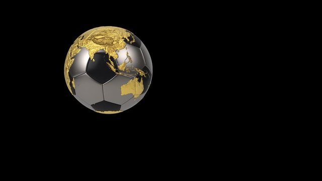 Realistic soccer ball isolated on black screen. 3d seamless looping animation. Detailed gold world map on black and iron soccer ball.