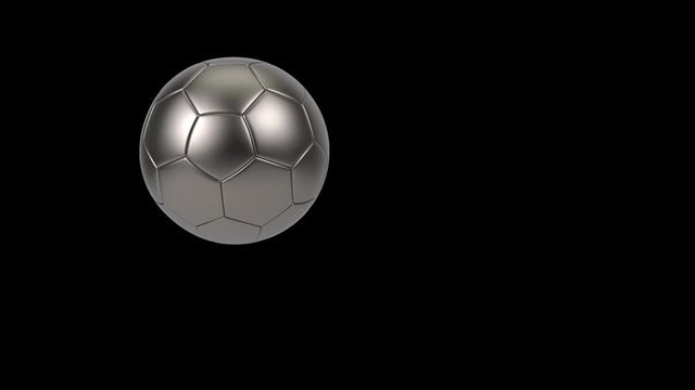 Realistic metal iron soccer ball isolated on black background. 3d looping animation.