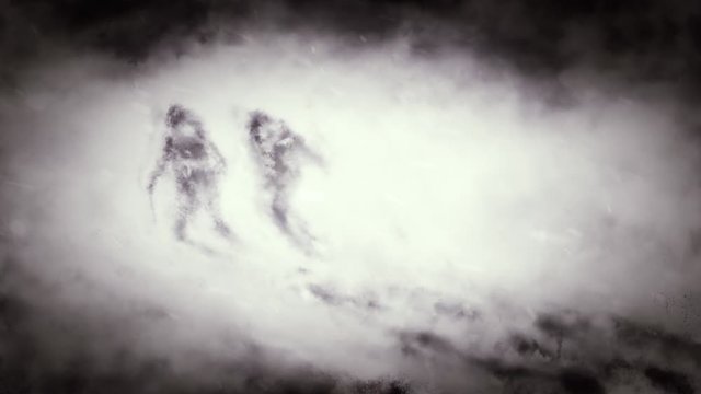 Dark animation two walking people go in mountain. Traveling in nature. Science fiction video clip with cinema effect. 2D motion graphics. Landscape background with snow and fog. Adventure quest genre.