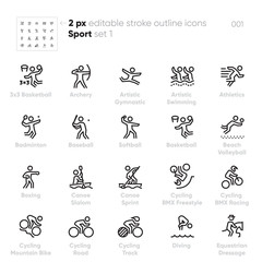 Sport and Games outline vector icons. Basketball, Artistic Gymnastic, Swimming, Baseball, Beach Volleyball, Boxing, Canoe Slalom, Cycling BMX Racing, Mountain Bike, Equestrian Dressage