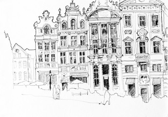 Brussels main square hand drawn architectural scetch