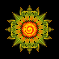 Illustration of festive abstract mandala; Decorative mesmerizing sun; Colorful magic flower and plants; Sacred geometry and visionary art; Vector template.