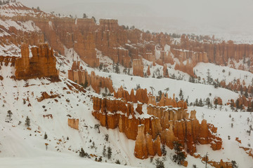 FEBRUARY 14, 2019 - BRYCE NATIONAL PARK, UTAH, USA - Panoramic View of Bryce National Park with fresh snow on red rock, Utah