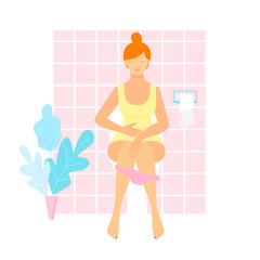 Woman is sitting on the toilet. urinary bladder problem or or sickness concept. stomach-ache woman
