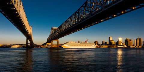 APRIL 27, 2019 LOUISIANA, USA -Crescent City Bridges cross Mississippi River from Algiers Point to...