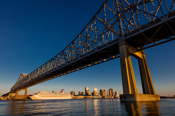 APRIL 27, 2019 LOUISIANA, USA -Crescent City Bridges cross Mississippi River from Algiers Point to...
