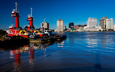 APRIL 27, 2019 NEW ORLEANS, LOUISIANA, USA - Algiers Point harbor faces New Orleans skyline in...