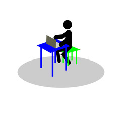 Fototapeta premium stick man sitting working at Desk with laptop