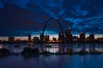 MAY 2019, ST LOUIS, MO., USA - St. Louis, Missouri skyline on Mississippi River - shot from East...