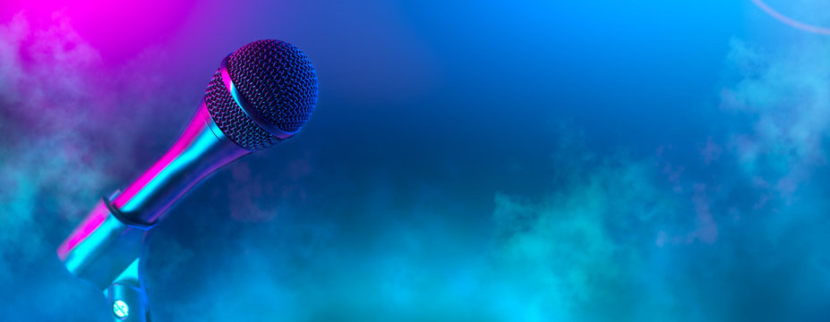 Microphone on stage close-up. Mic closeup. Karaoke, night club, bar. Music concert. Mike over colorful lights background. Song, music concept wide backdrop, border art design
