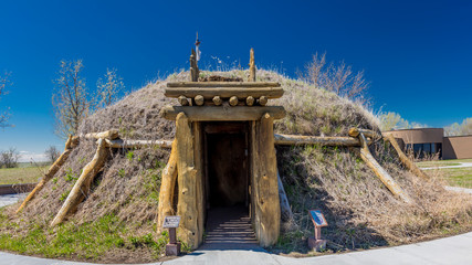MAY 20, FORT MANDAN, NORTH DAKOTA, USA - Earth Lodge replica shown at Knife River Indian Village, the site where Sacagawea meets Lewis and Clark for their 1804-1806 expedition