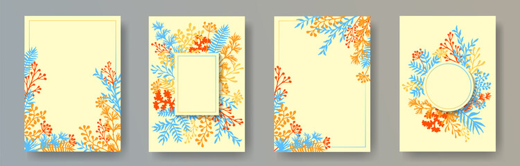 Fototapeta na wymiar Wild herb twigs, tree branches, leaves floral invitation cards set. Herbal frames rustic invitation cards with dandelion flowers, fern, lichen, olive tree leaves, savory twigs.