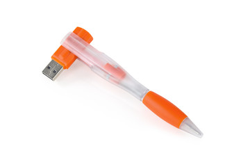 Orange USB pen, flash drive on white isolated background