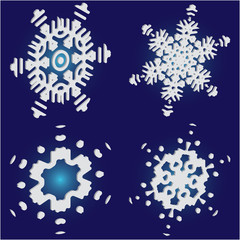 Kit of simple, beautiful snowflakes on blue background.