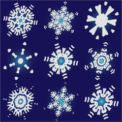 Set of isolated falling snowflakes on blue background.
