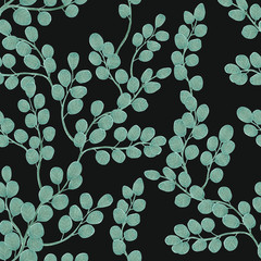 Eucalyptus branch with leaves vector hand drawn seamless pattern. Watercolor imitation. Background with eucalyptus on dark grey. Best for wrapping paper, wallpaper, textile or wedding design © Juri Kam