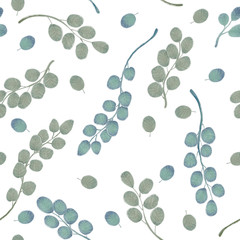 Eucalyptus branch with leaves vector hand drawn seamless pattern. Watercolor imitation. Background with eucalyptus on white. Best for wrapping paper, wallpaper, textile or wedding design