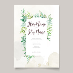 watercolor wedding invitation card in green leaves