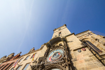Prague Astronomical clock (Prazsky orloj) on display on the old city hall (Staromestska Radnice) of Prague, Czech Republic. it is an iconic touristic monument of the city from the 15th century