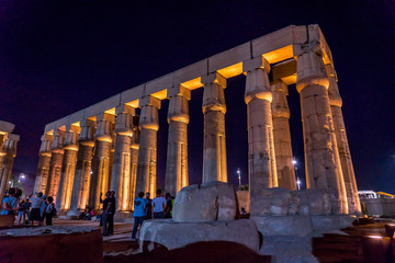 Luxor Temple at night (ancient Thebes) was constructed approximately 1400 BCE